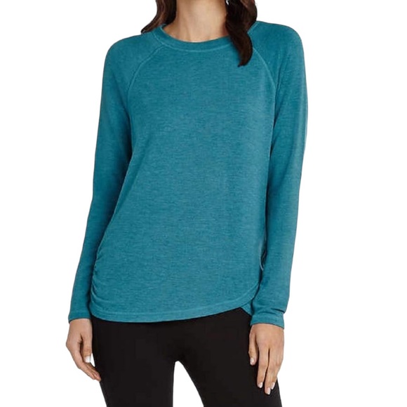 Danskin Crossover Top Large Raglan Sleeve Colonial Blue Tulip Hem Ruched Sides - Picture 2 of 15